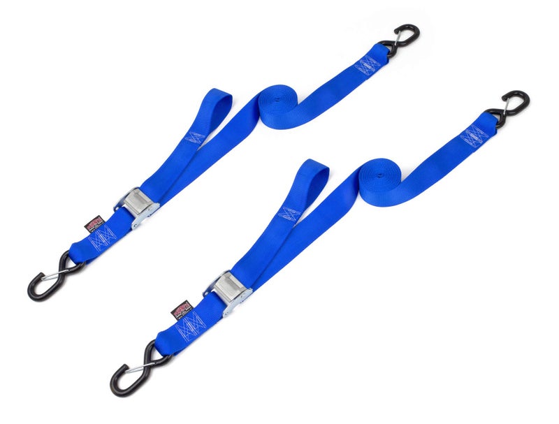 PowerTye Cam Buckle Tie Down Straps â€“ 2 inch x 12ft Straps with Latch Hooks â€“ Ideal for Motorcycle, ATV, Trailers, and Truck Bed Cargo â€“ 600 lb WLL & 1,800 lb Break Strength â€“ USA Made, Blue (Pair) - Image 1